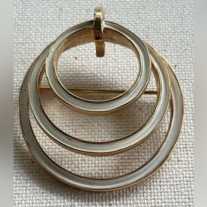 Vintage Modernist Triple Circle Brooch – White Enamel & Gold Tone